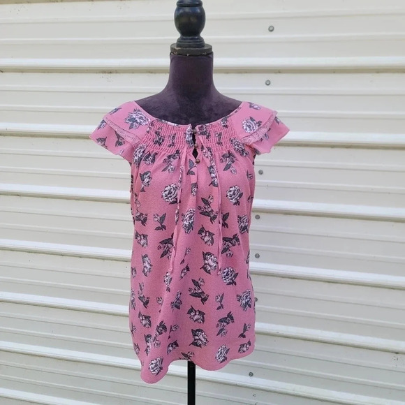 No Boundaries Tops - No Boundaries Top Size Junior XL (15-17) Floral Mauve-Blush  Pink Cap Sleeves
